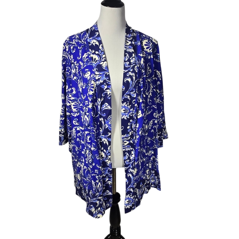 Isaac Mizrahi Live 1X Blue And White Floral Duster Kimono Open Jacket Pockets